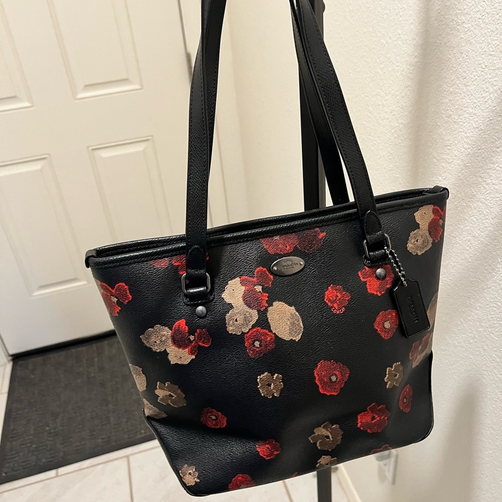 Coach Black Tote with Red and Beige Floral Pattern